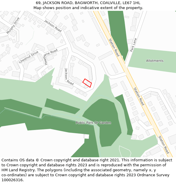 69, JACKSON ROAD, BAGWORTH, COALVILLE, LE67 1HL: Location map and indicative extent of plot