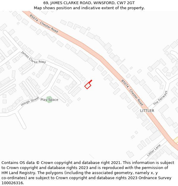 69, JAMES CLARKE ROAD, WINSFORD, CW7 2GT: Location map and indicative extent of plot