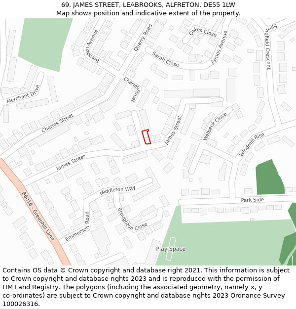 69, JAMES STREET, LEABROOKS, ALFRETON, DE55 1LW: Location map and indicative extent of plot