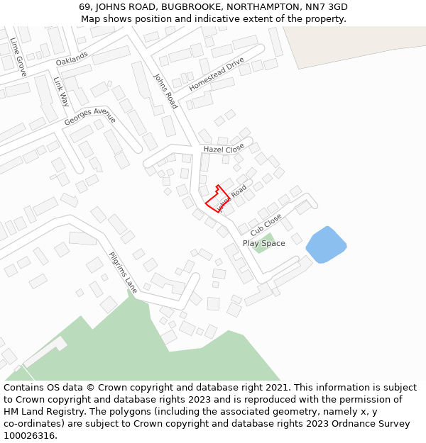 69, JOHNS ROAD, BUGBROOKE, NORTHAMPTON, NN7 3GD: Location map and indicative extent of plot