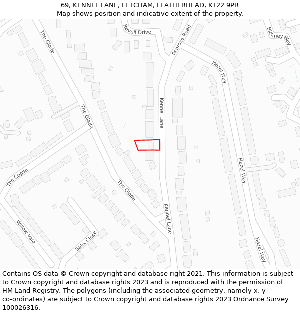 69, KENNEL LANE, FETCHAM, LEATHERHEAD, KT22 9PR: Location map and indicative extent of plot