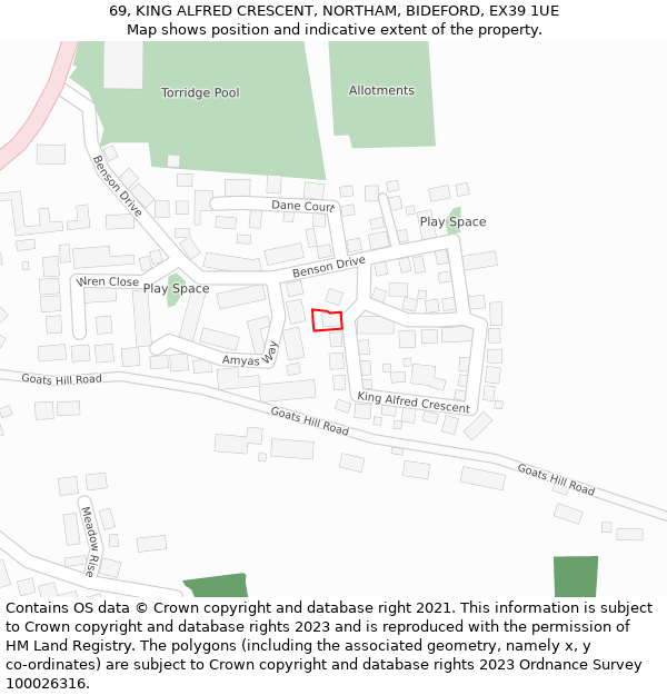 69, KING ALFRED CRESCENT, NORTHAM, BIDEFORD, EX39 1UE: Location map and indicative extent of plot