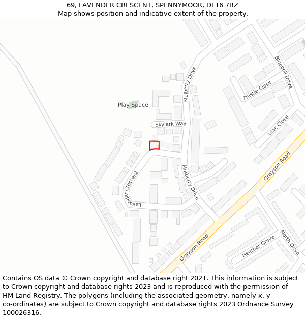 69, LAVENDER CRESCENT, SPENNYMOOR, DL16 7BZ: Location map and indicative extent of plot