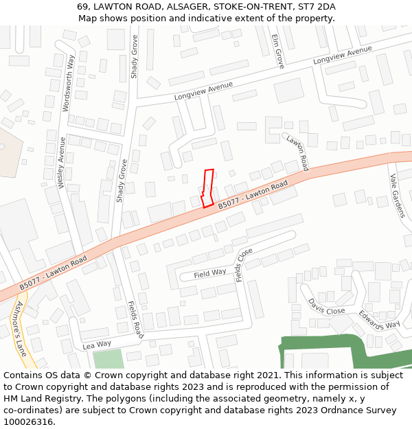 69, LAWTON ROAD, ALSAGER, STOKE-ON-TRENT, ST7 2DA: Location map and indicative extent of plot