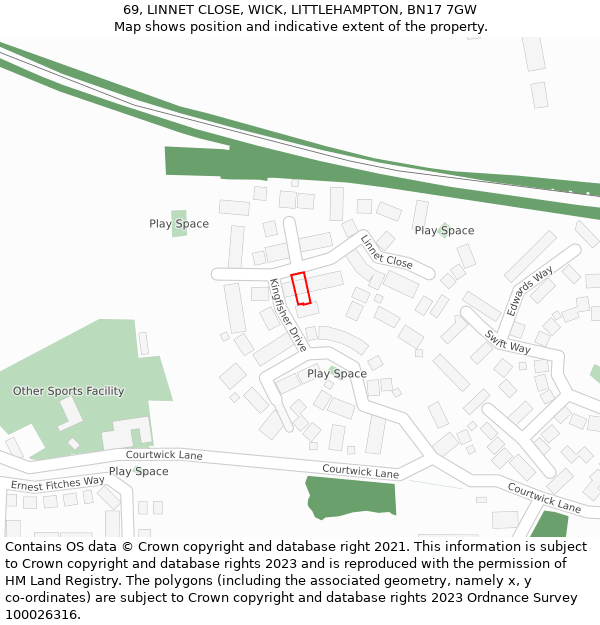 69, LINNET CLOSE, WICK, LITTLEHAMPTON, BN17 7GW: Location map and indicative extent of plot