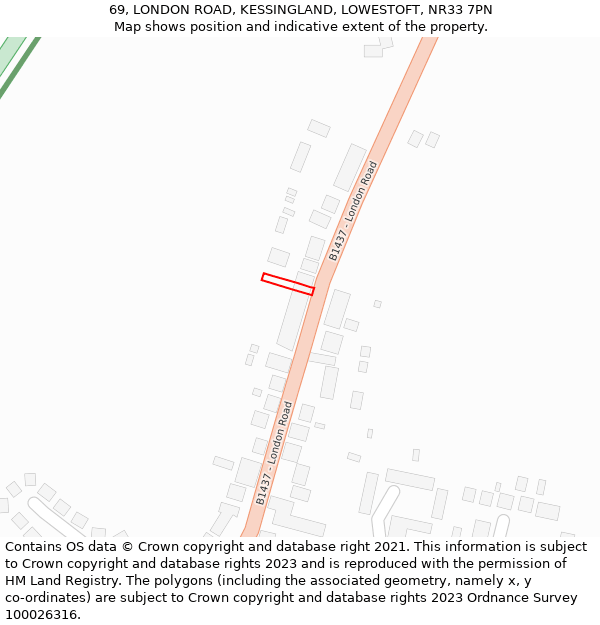 69, LONDON ROAD, KESSINGLAND, LOWESTOFT, NR33 7PN: Location map and indicative extent of plot