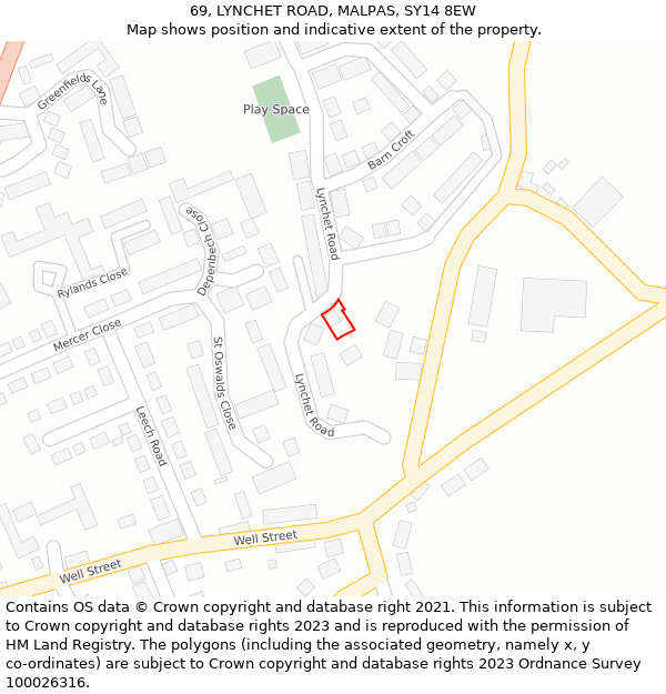 69, LYNCHET ROAD, MALPAS, SY14 8EW: Location map and indicative extent of plot