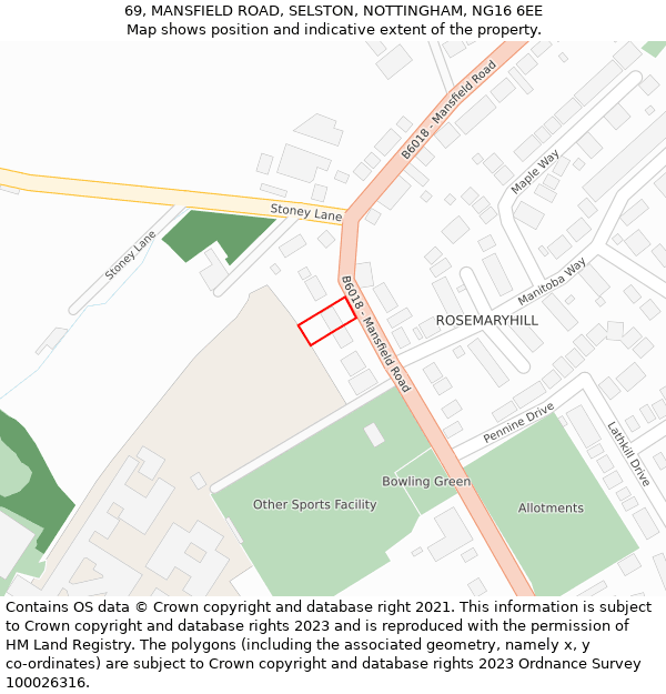 69, MANSFIELD ROAD, SELSTON, NOTTINGHAM, NG16 6EE: Location map and indicative extent of plot
