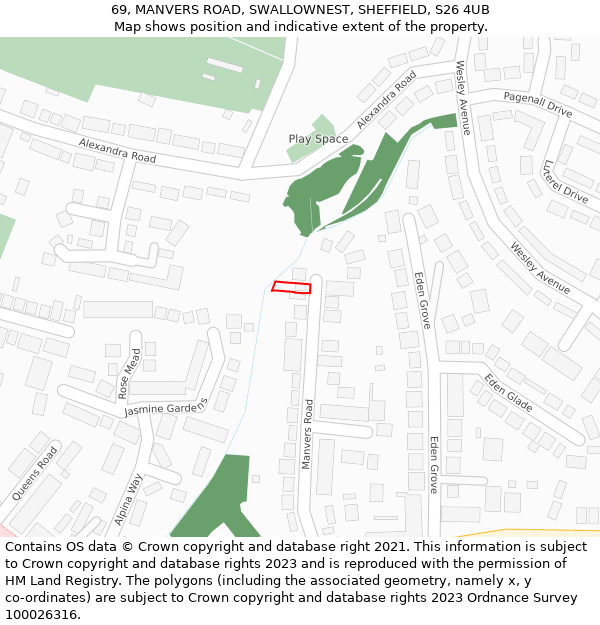 69, MANVERS ROAD, SWALLOWNEST, SHEFFIELD, S26 4UB: Location map and indicative extent of plot
