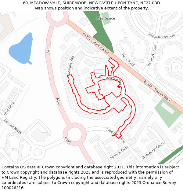 69, MEADOW VALE, SHIREMOOR, NEWCASTLE UPON TYNE, NE27 0BD: Location map and indicative extent of plot