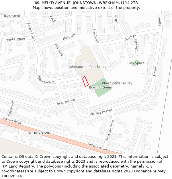 69, MELYD AVENUE, JOHNSTOWN, WREXHAM, LL14 2TB: Location map and indicative extent of plot