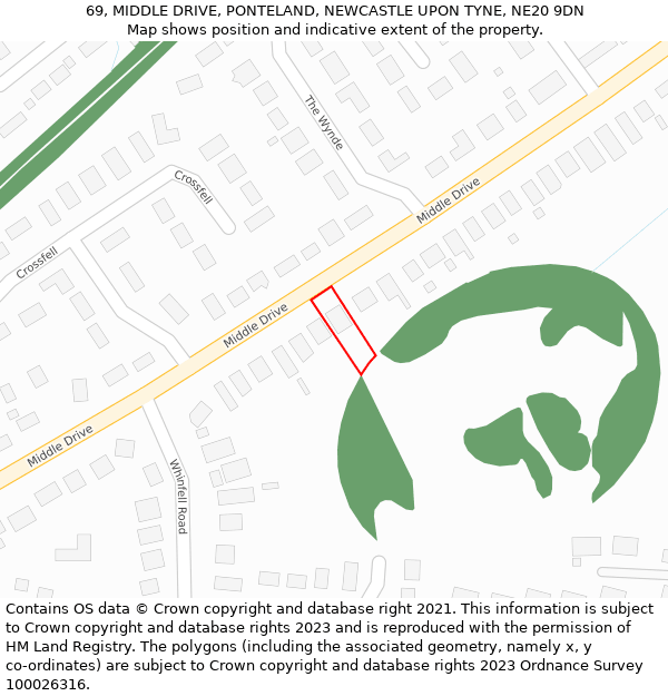 69, MIDDLE DRIVE, PONTELAND, NEWCASTLE UPON TYNE, NE20 9DN: Location map and indicative extent of plot