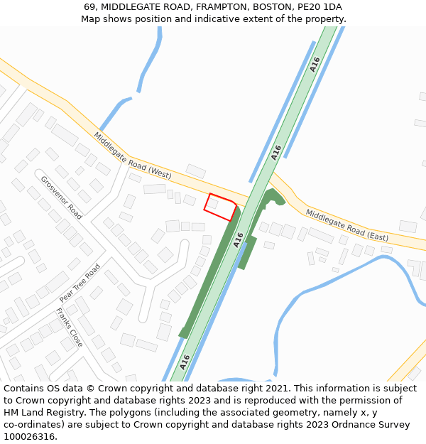 69, MIDDLEGATE ROAD, FRAMPTON, BOSTON, PE20 1DA: Location map and indicative extent of plot