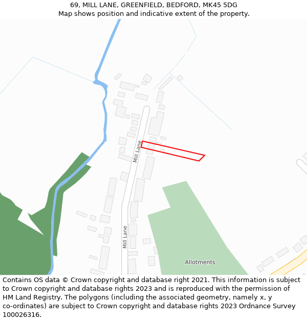 69, MILL LANE, GREENFIELD, BEDFORD, MK45 5DG: Location map and indicative extent of plot