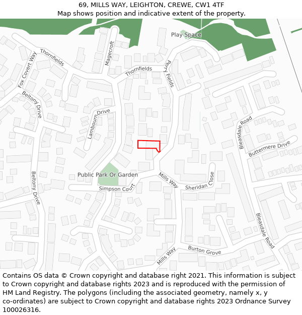 69, MILLS WAY, LEIGHTON, CREWE, CW1 4TF: Location map and indicative extent of plot