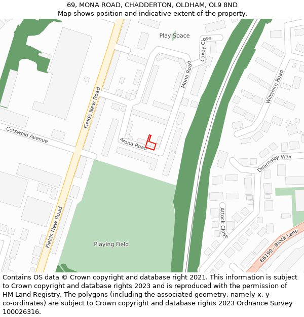 69, MONA ROAD, CHADDERTON, OLDHAM, OL9 8ND: Location map and indicative extent of plot