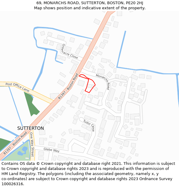 69, MONARCHS ROAD, SUTTERTON, BOSTON, PE20 2HJ: Location map and indicative extent of plot