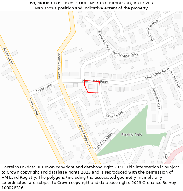 69, MOOR CLOSE ROAD, QUEENSBURY, BRADFORD, BD13 2EB: Location map and indicative extent of plot