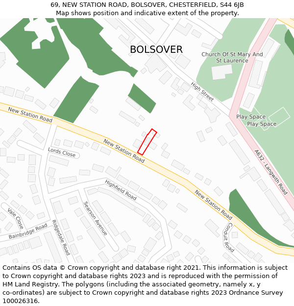 69, NEW STATION ROAD, BOLSOVER, CHESTERFIELD, S44 6JB: Location map and indicative extent of plot