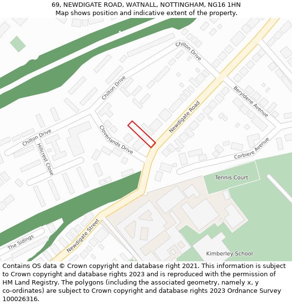 69, NEWDIGATE ROAD, WATNALL, NOTTINGHAM, NG16 1HN: Location map and indicative extent of plot