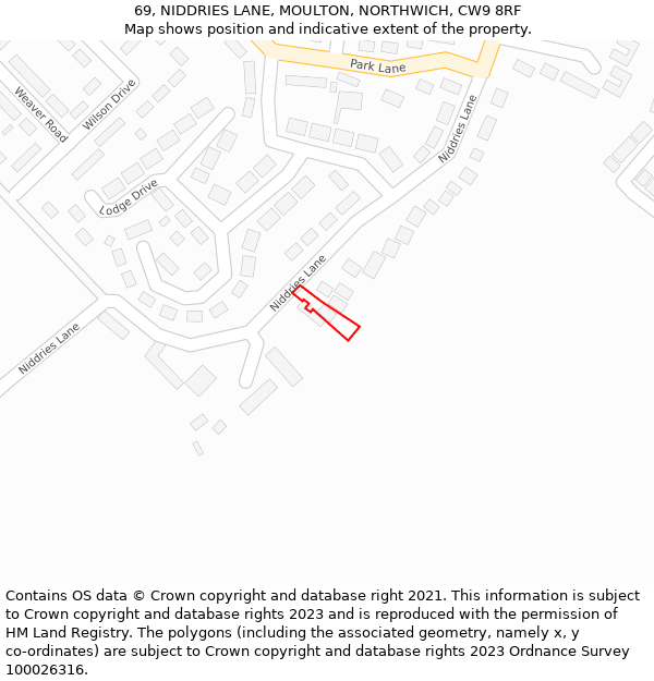 69, NIDDRIES LANE, MOULTON, NORTHWICH, CW9 8RF: Location map and indicative extent of plot