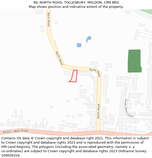 69, NORTH ROAD, TOLLESBURY, MALDON, CM9 8RQ: Location map and indicative extent of plot