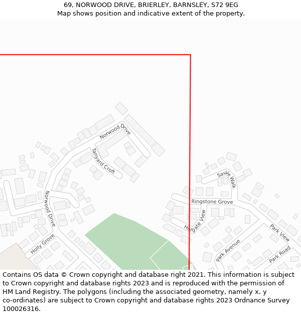69, NORWOOD DRIVE, BRIERLEY, BARNSLEY, S72 9EG: Location map and indicative extent of plot