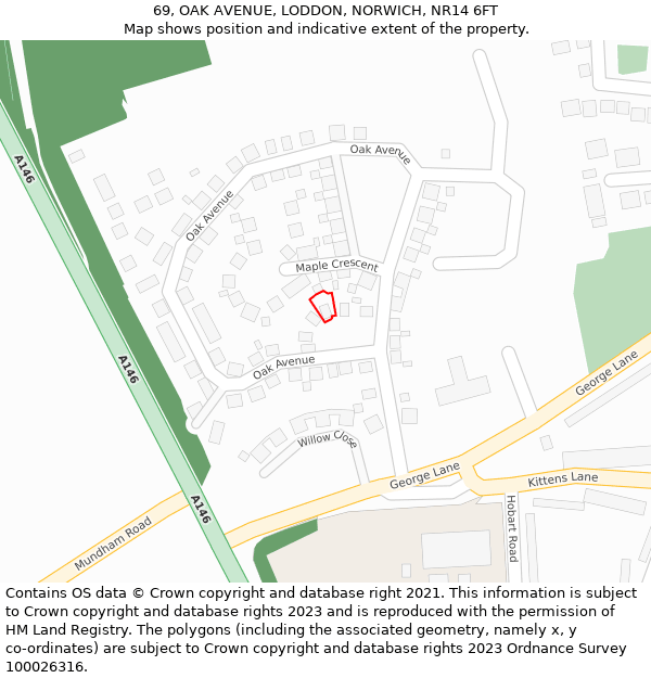 69, OAK AVENUE, LODDON, NORWICH, NR14 6FT: Location map and indicative extent of plot