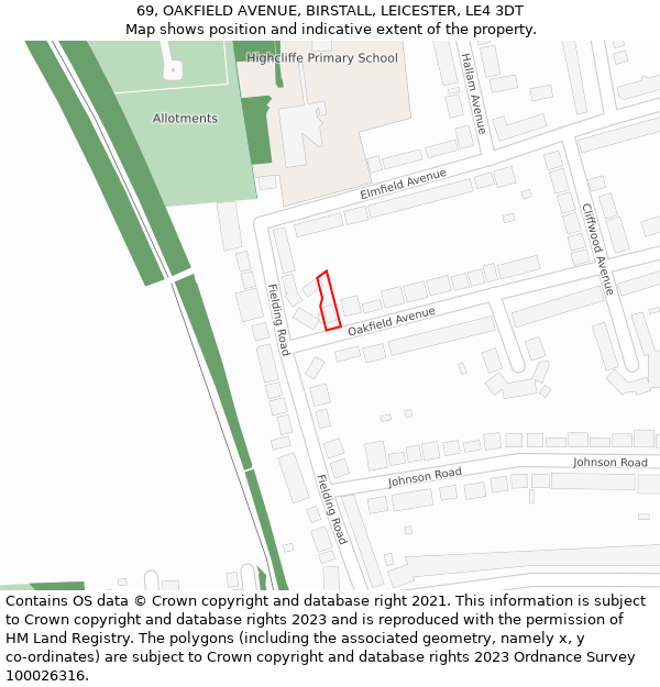 69, OAKFIELD AVENUE, BIRSTALL, LEICESTER, LE4 3DT: Location map and indicative extent of plot