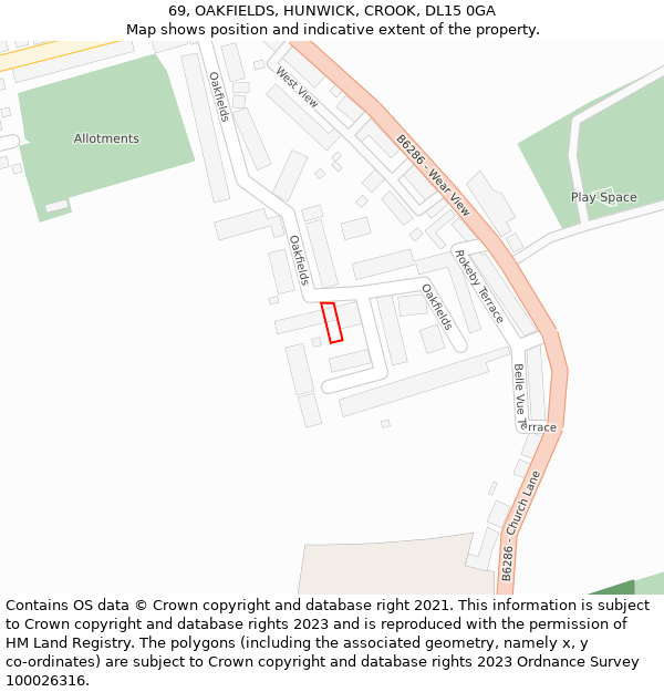 69, OAKFIELDS, HUNWICK, CROOK, DL15 0GA: Location map and indicative extent of plot