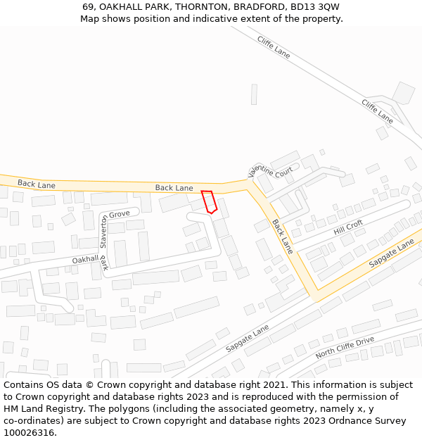 69, OAKHALL PARK, THORNTON, BRADFORD, BD13 3QW: Location map and indicative extent of plot