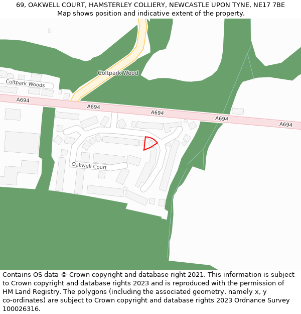 69, OAKWELL COURT, HAMSTERLEY COLLIERY, NEWCASTLE UPON TYNE, NE17 7BE: Location map and indicative extent of plot