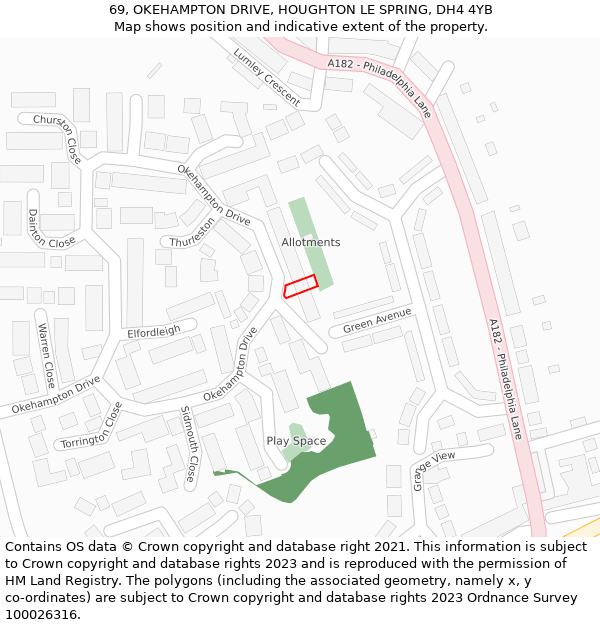 69, OKEHAMPTON DRIVE, HOUGHTON LE SPRING, DH4 4YB: Location map and indicative extent of plot