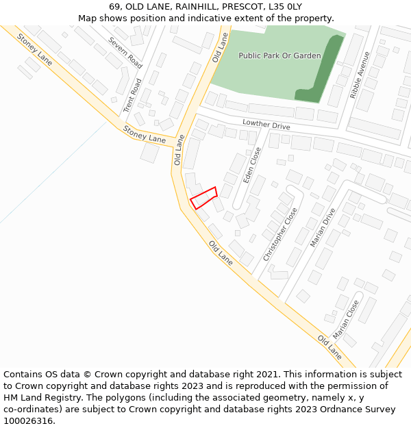 69, OLD LANE, RAINHILL, PRESCOT, L35 0LY: Location map and indicative extent of plot