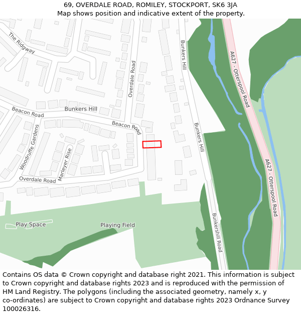 69, OVERDALE ROAD, ROMILEY, STOCKPORT, SK6 3JA: Location map and indicative extent of plot