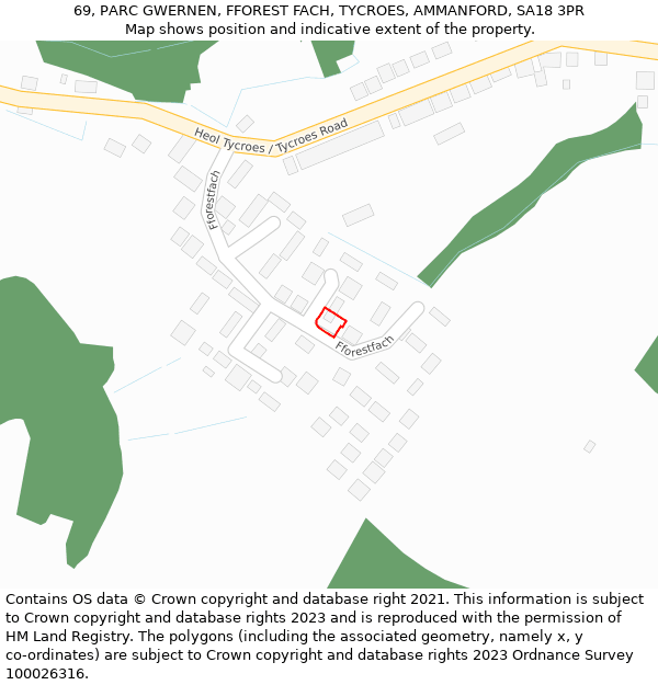 69, PARC GWERNEN, FFOREST FACH, TYCROES, AMMANFORD, SA18 3PR: Location map and indicative extent of plot