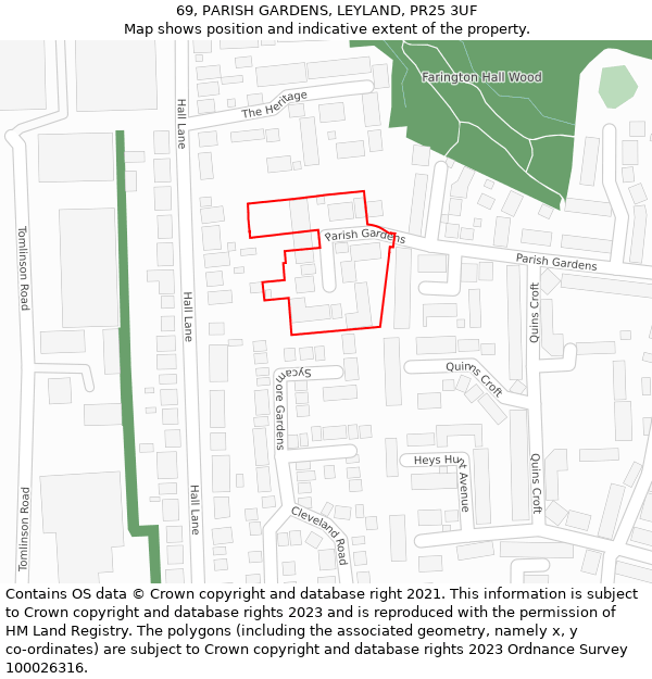 69, PARISH GARDENS, LEYLAND, PR25 3UF: Location map and indicative extent of plot