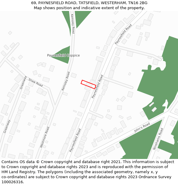 69, PAYNESFIELD ROAD, TATSFIELD, WESTERHAM, TN16 2BG: Location map and indicative extent of plot