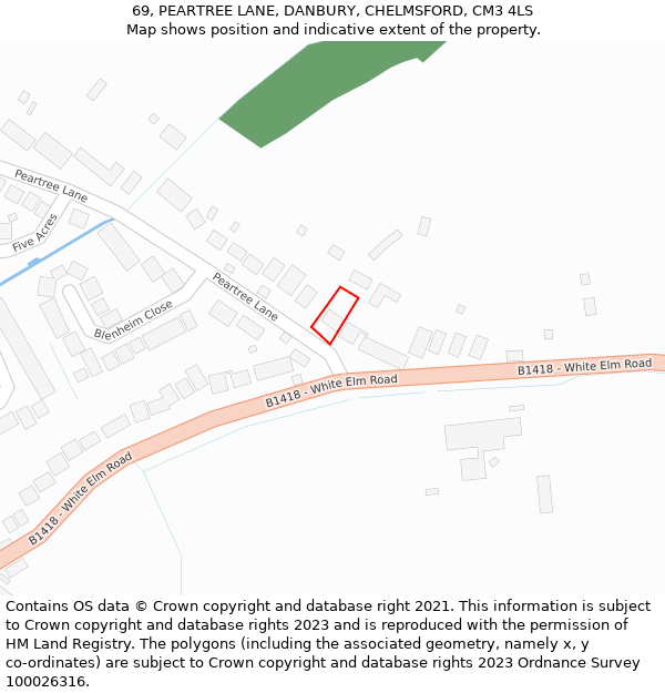 69, PEARTREE LANE, DANBURY, CHELMSFORD, CM3 4LS: Location map and indicative extent of plot