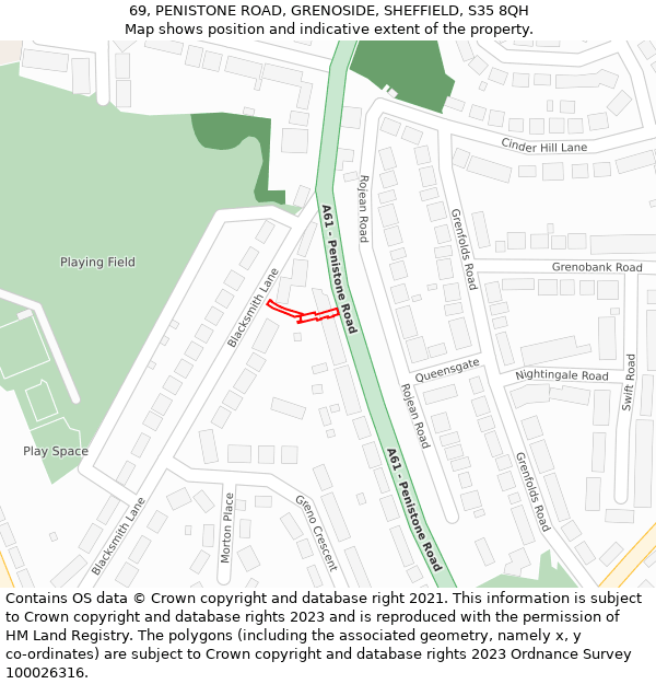 69, PENISTONE ROAD, GRENOSIDE, SHEFFIELD, S35 8QH: Location map and indicative extent of plot