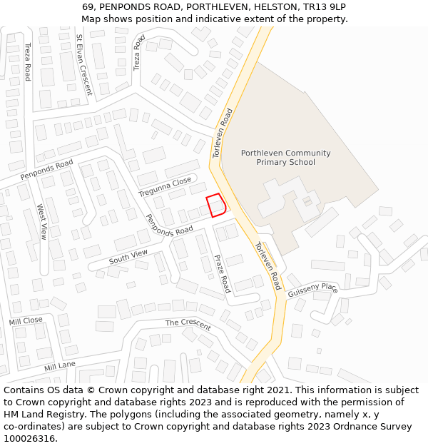 69, PENPONDS ROAD, PORTHLEVEN, HELSTON, TR13 9LP: Location map and indicative extent of plot