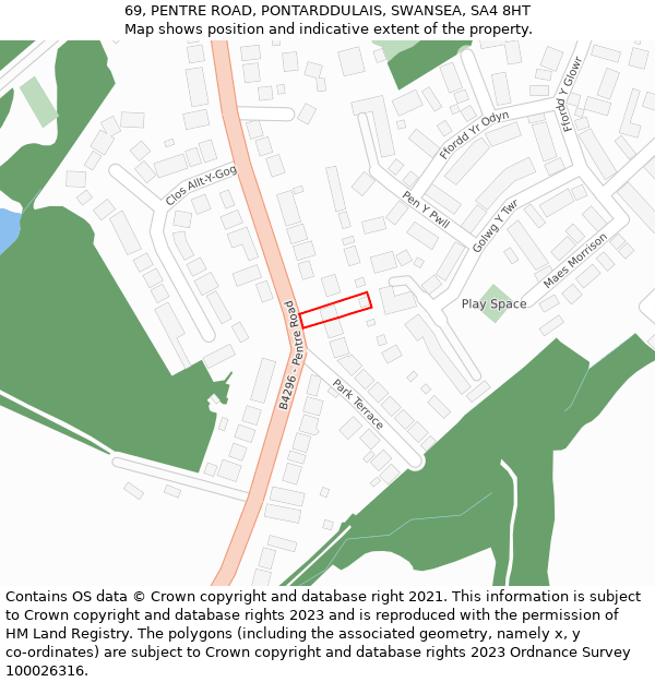 69, PENTRE ROAD, PONTARDDULAIS, SWANSEA, SA4 8HT: Location map and indicative extent of plot