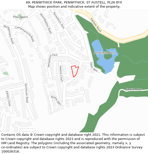 69, PENWITHICK PARK, PENWITHICK, ST AUSTELL, PL26 8YX: Location map and indicative extent of plot