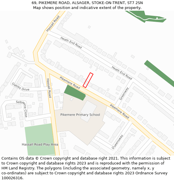 69, PIKEMERE ROAD, ALSAGER, STOKE-ON-TRENT, ST7 2SN: Location map and indicative extent of plot