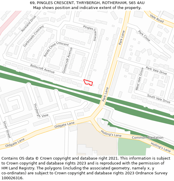 69, PINGLES CRESCENT, THRYBERGH, ROTHERHAM, S65 4AU: Location map and indicative extent of plot