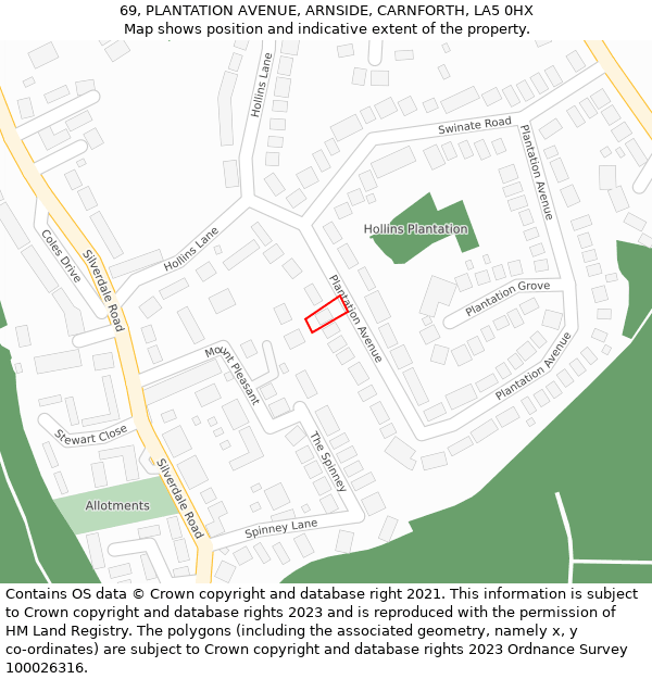 69, PLANTATION AVENUE, ARNSIDE, CARNFORTH, LA5 0HX: Location map and indicative extent of plot