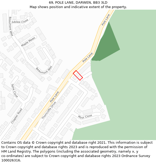 69, POLE LANE, DARWEN, BB3 3LD: Location map and indicative extent of plot