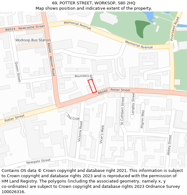 69, POTTER STREET, WORKSOP, S80 2HQ: Location map and indicative extent of plot