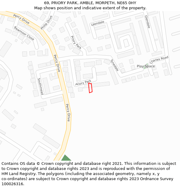 69, PRIORY PARK, AMBLE, MORPETH, NE65 0HY: Location map and indicative extent of plot