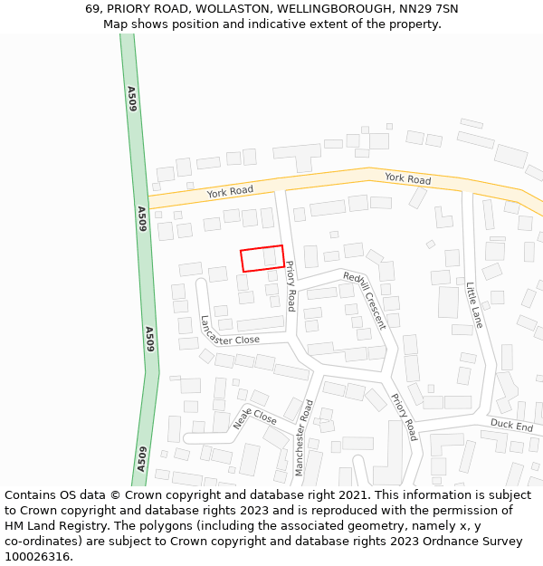 69, PRIORY ROAD, WOLLASTON, WELLINGBOROUGH, NN29 7SN: Location map and indicative extent of plot
